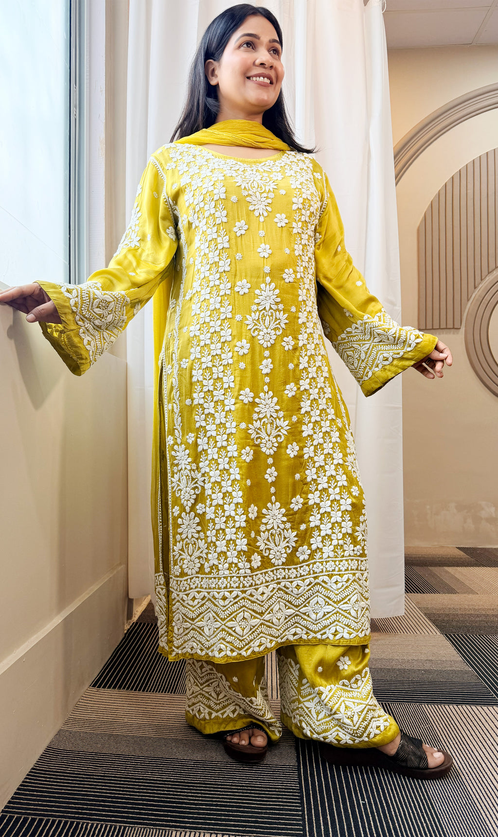 Mudal Silk Lucknowi Chikankari Kurta Set with Palazzo & Chiffon Dupatta | 3D Embroidery | Boat Neck | Mehndi Gold Color