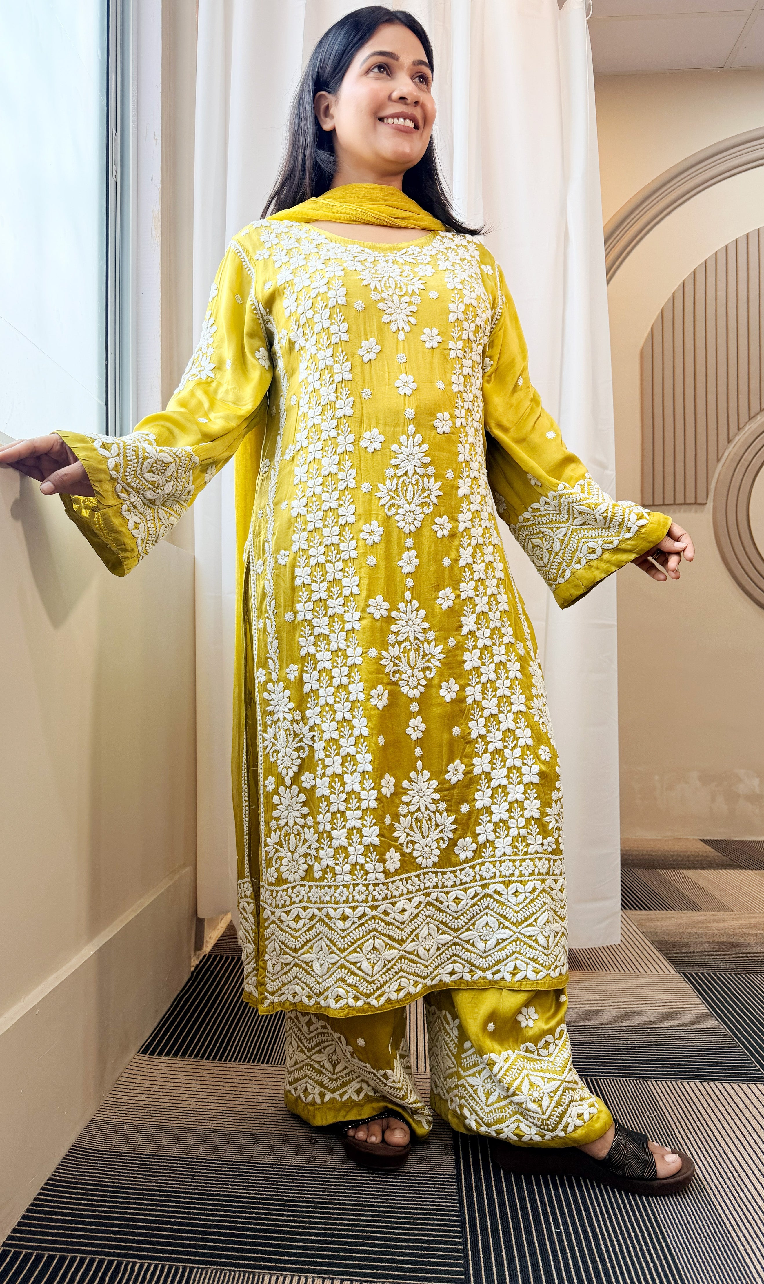 Mudal Silk Lucknowi Chikankari Kurta Set with Palazzo & Chiffon Dupatta | 3D Embroidery | Boat Neck | Mehndi Gold Color