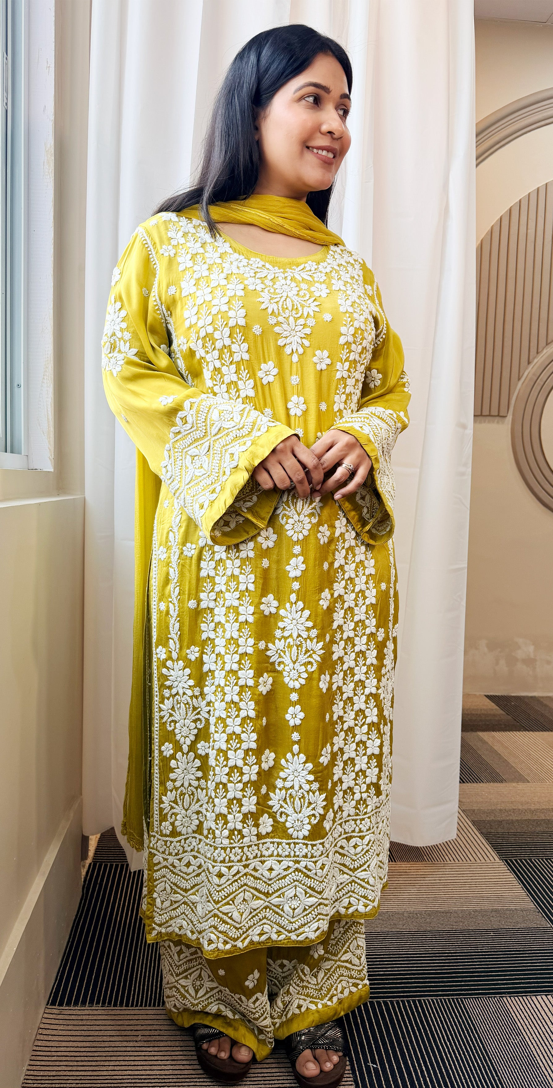 Mudal Silk Lucknowi Chikankari Kurta Set with Palazzo & Chiffon Dupatta | 3D Embroidery | Boat Neck | Mehndi Gold Color