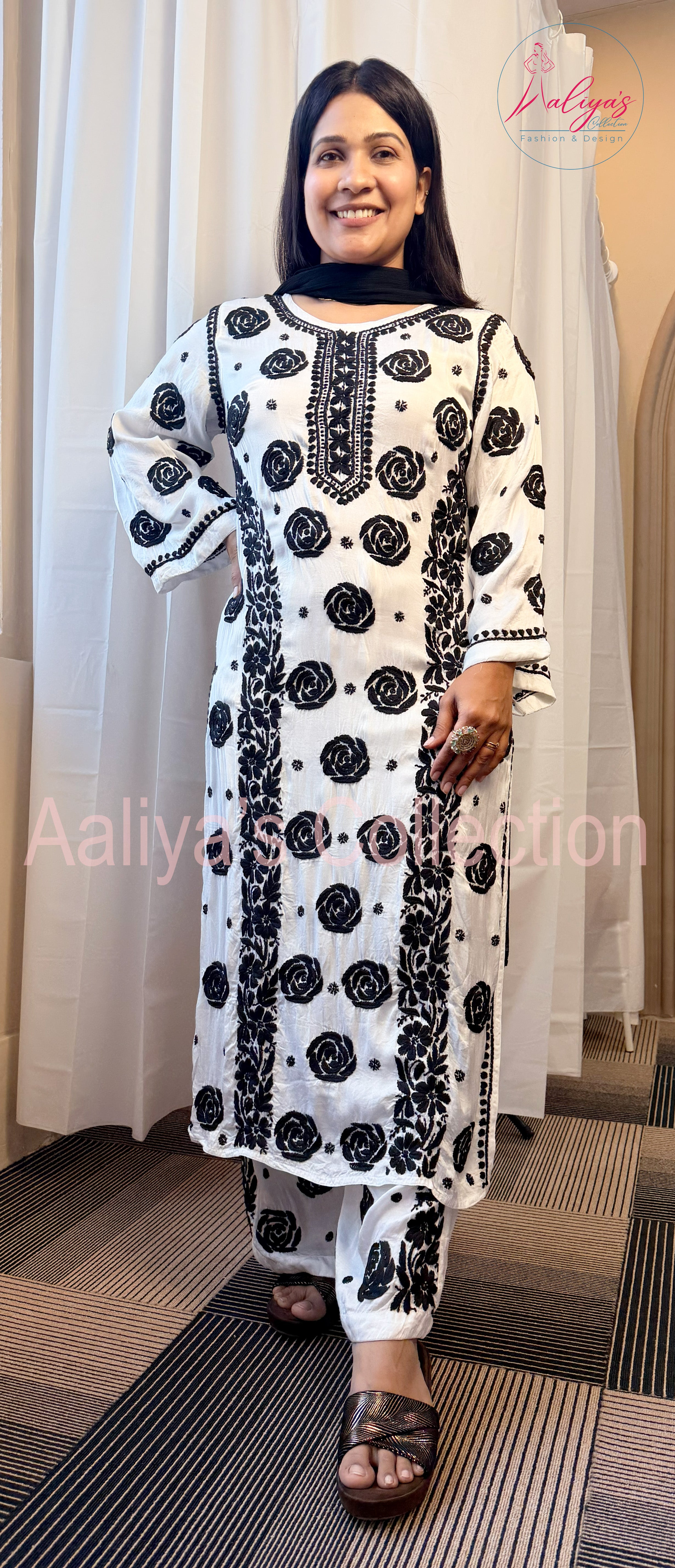 Mudal Silk Lucknowi Chikankari Kurta Palazzo Set with Chiffon Dupatta | Black & White | Floral Rose Embroidery