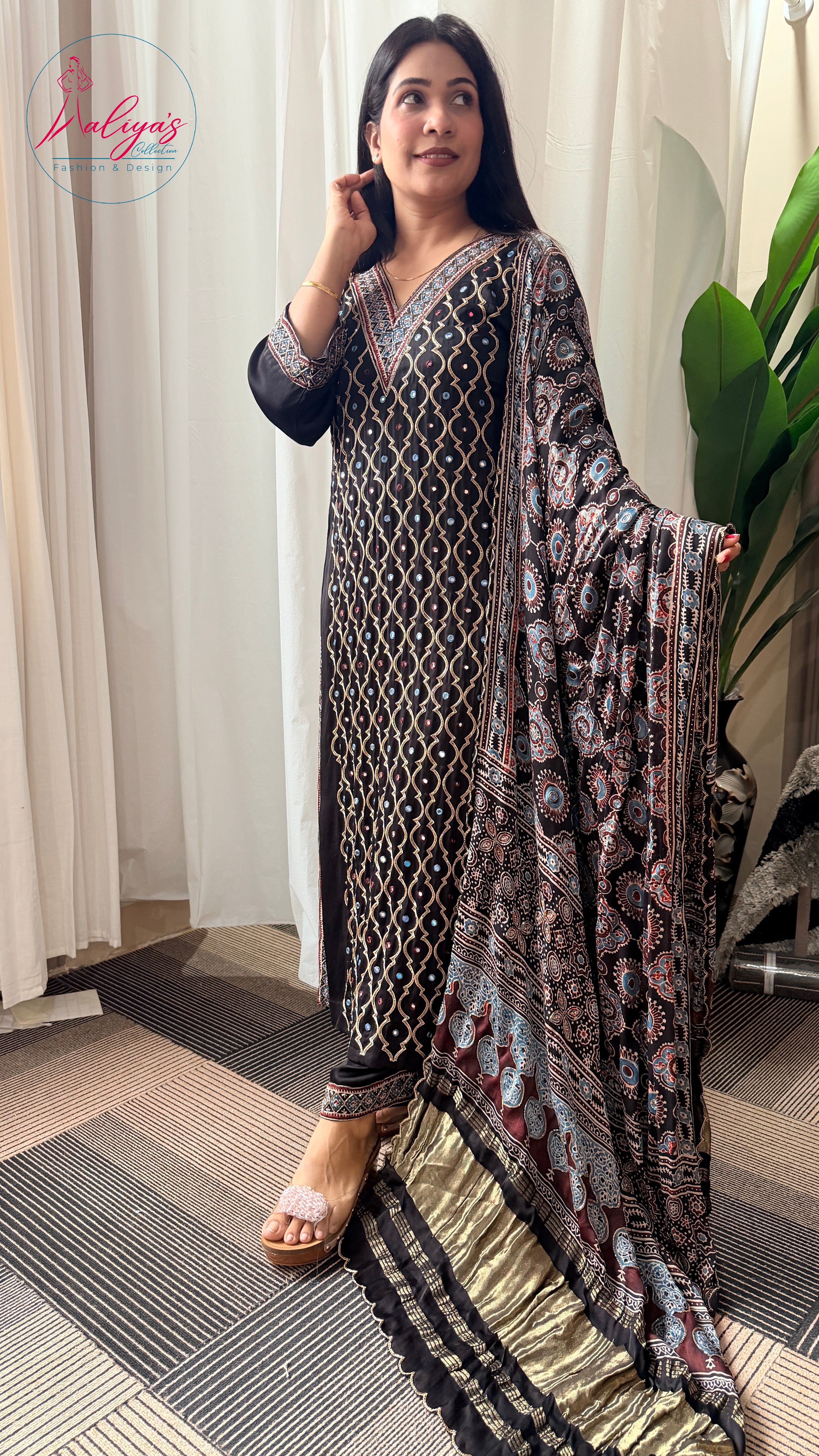 Aaliya’s Collection | 100% Modal Silk Ajrakh Fabric – Natural Dyed, 5 Metres | Fabric Material Only | Fits Up to 52” Size