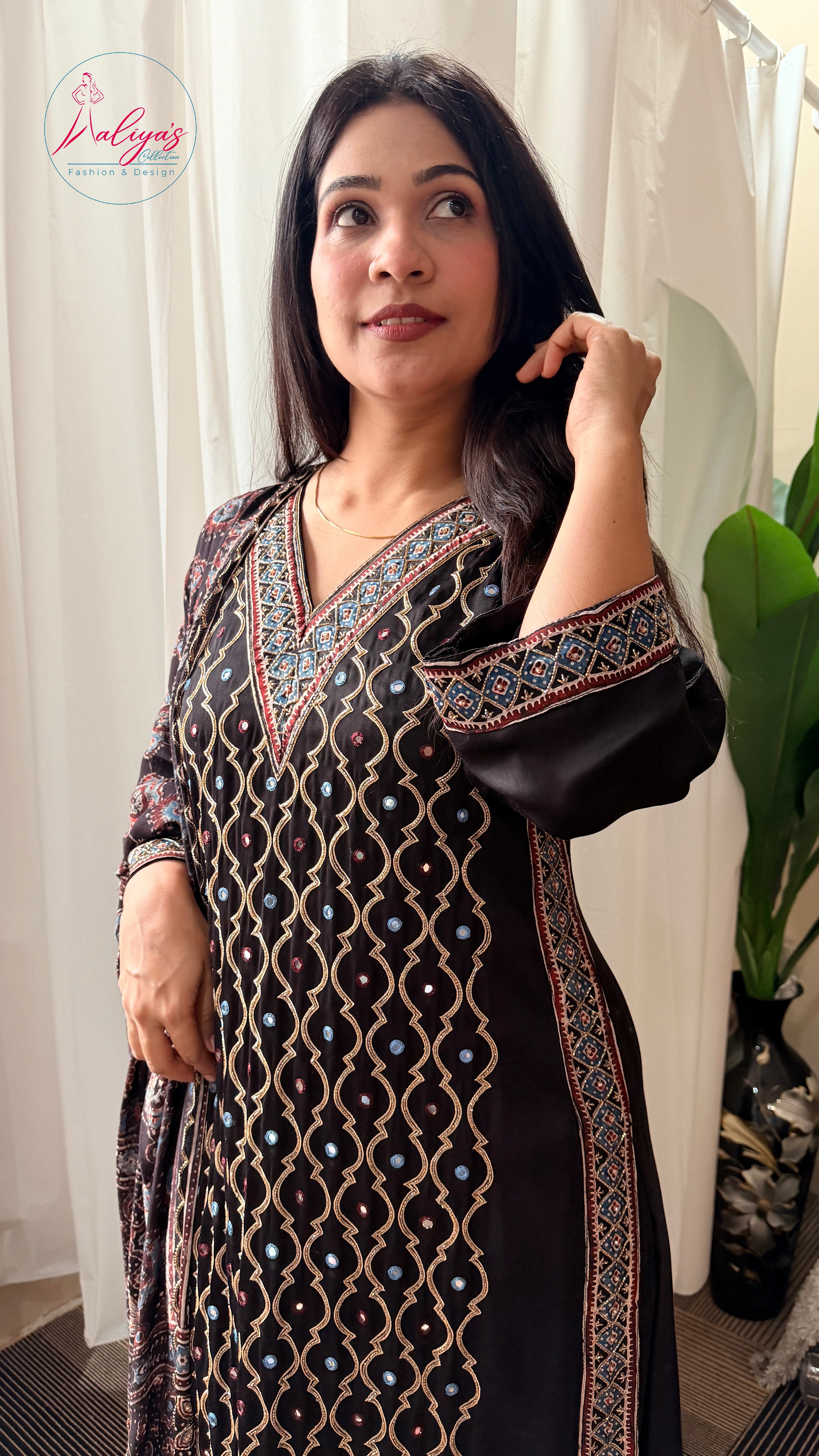 Aaliya’s Collection | 100% Modal Silk Ajrakh Fabric – Natural Dyed, 5 Metres | Fabric Material Only | Fits Up to 52” Size