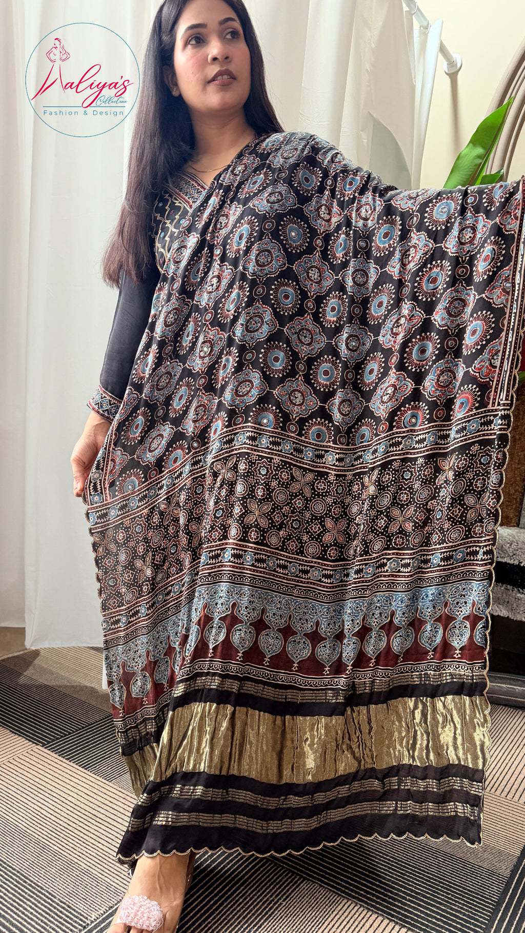 Aaliya’s Collection | 100% Modal Silk Ajrakh Fabric – Natural Dyed, 5 Metres | Fabric Material Only | Fits Up to 52” Size