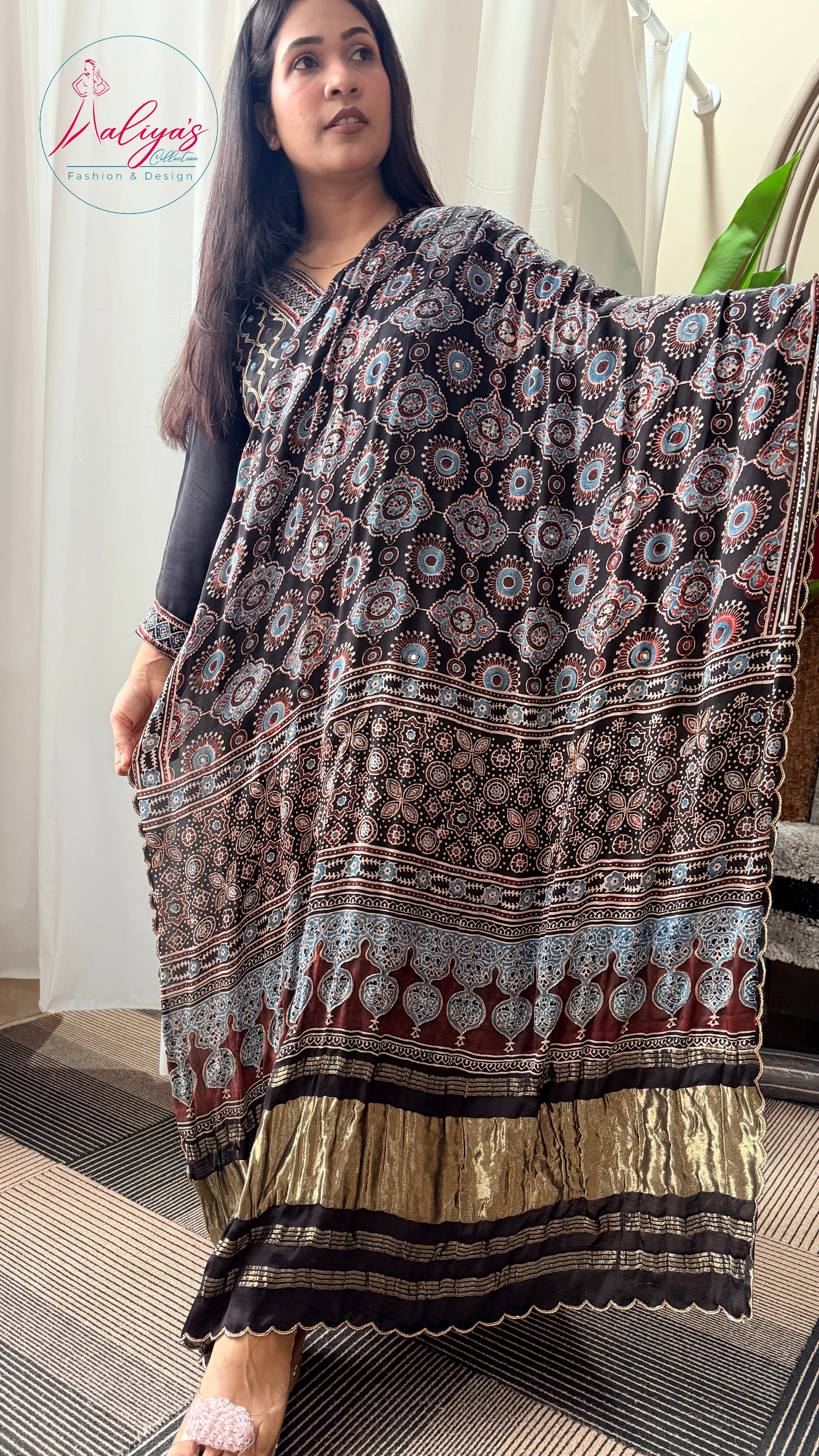 Aaliya’s Collection | 100% Modal Silk Ajrakh Fabric – Natural Dyed, 5 Metres | Fabric Material Only | Fits Up to 52” Size