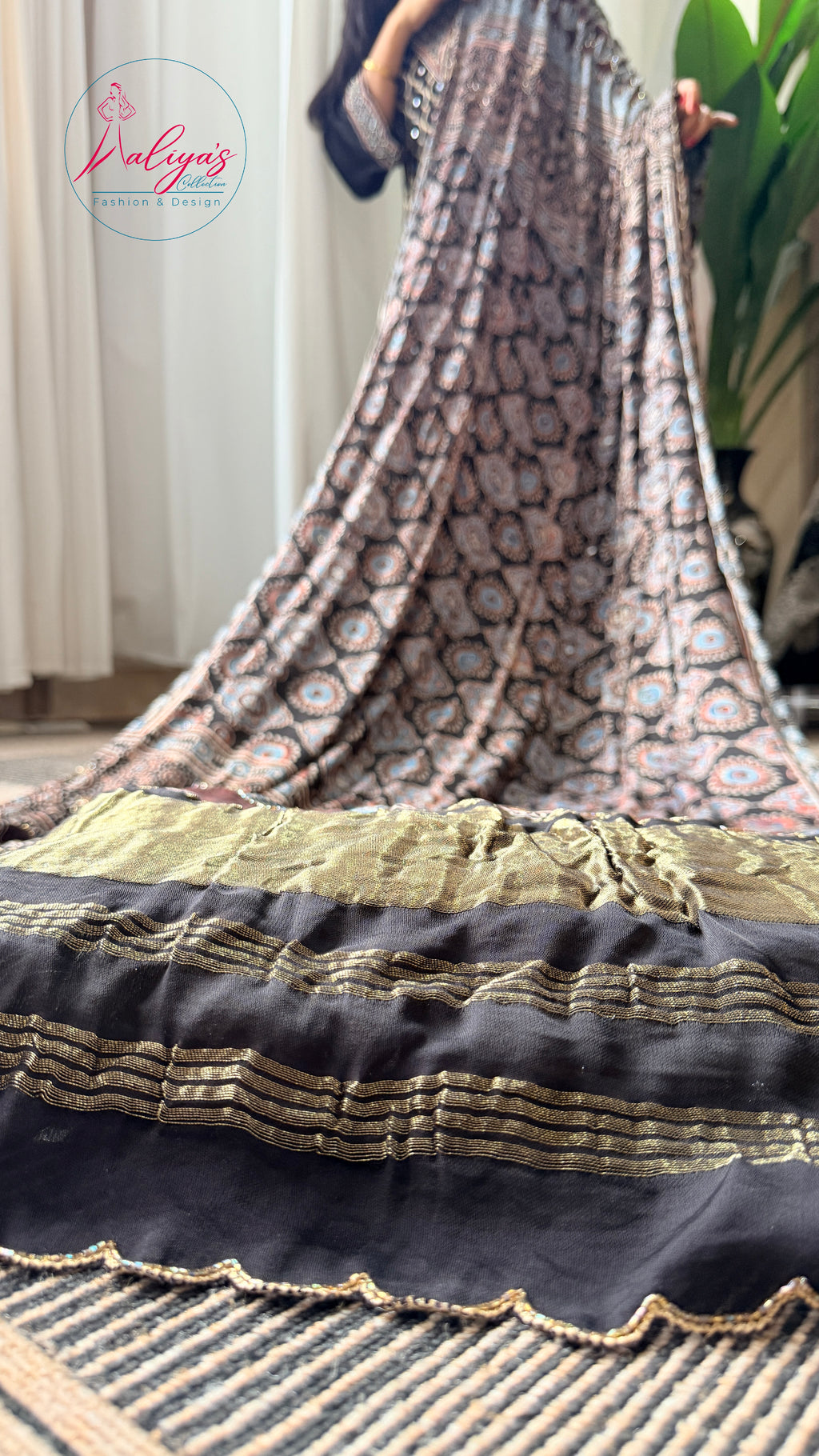 Aaliya’s Collection | 100% Modal Silk Ajrakh Fabric – Natural Dyed, 5 Metres | Fabric Material Only | Fits Up to 52” Size
