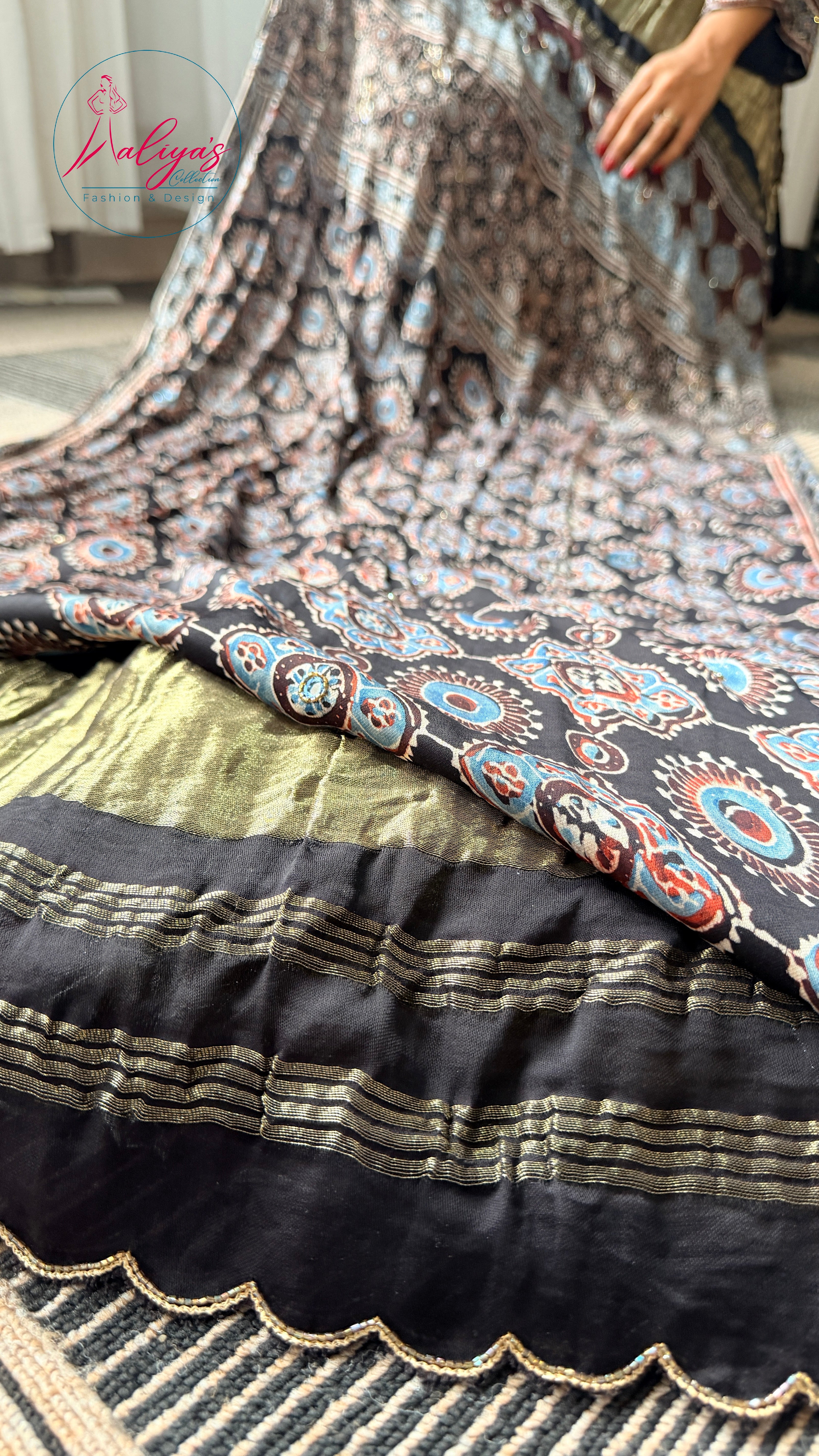 Aaliya’s Collection | 100% Modal Silk Ajrakh Fabric – Natural Dyed, 5 Metres | Fabric Material Only | Fits Up to 52” Size