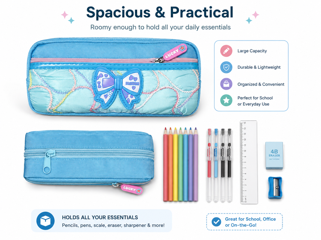 Colourful Kids Geometry Pouch – Spacious, Strong & Stylish Cartoon Pencil Case for School
