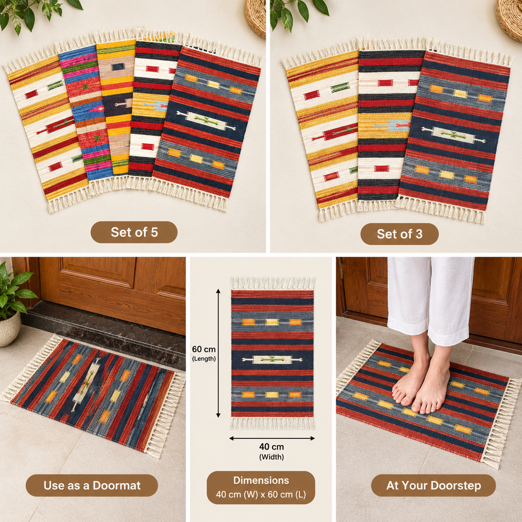 Kilim Moroccan-Style Door Mats | Small Geometric Designs | Assorted Colours & Mixed Patterns | Combo Pack of 3 or 5 Pieces | 40 × 60 cm Each