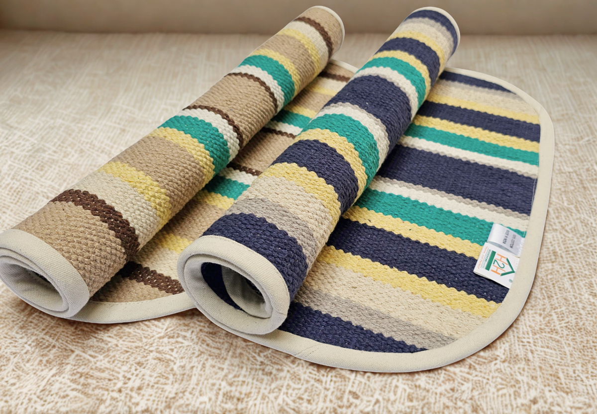 Cotton Bath Mats (Small) 48 x 68cm, 10mm Thick, Stripe Design - Multicolor| Suitable as Door Mat, Bath Mat, Entrance, Gifting (1.6 x 2.2 ft) - Multicolord - 2Pc. Combo | 2 Color set